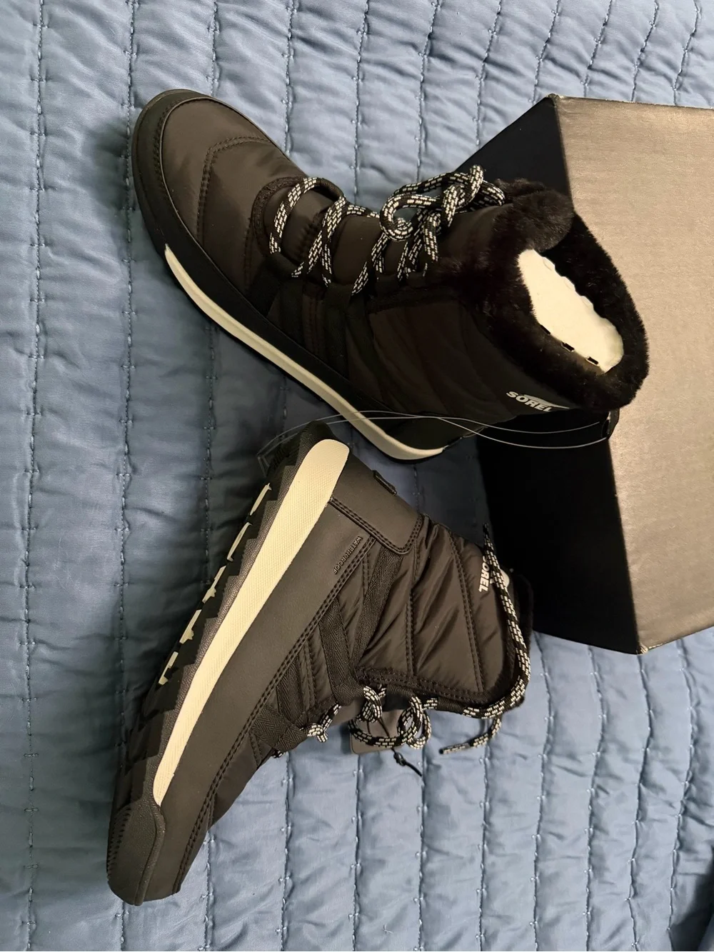 Sorel Black Quilted Lace-Up Winter Ankle Boots with Faux Fur Trim
